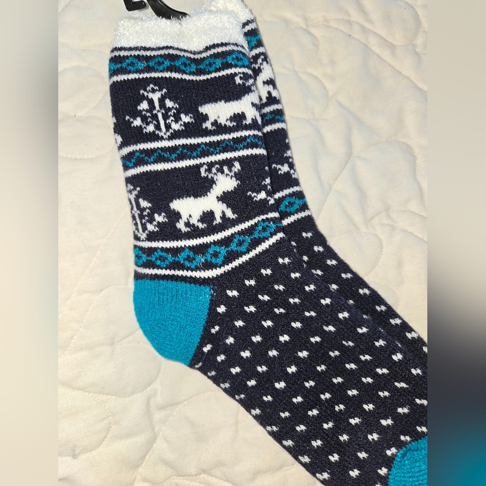 NWT Women's Joe Boxer Winter Lined Knitted Slipper Socks, Teal/Black, Shoe 4-10
